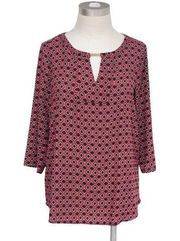 Dana Buchman Women's Red Black Pink Geo Print 3/4 Sleeve Popover Blouse Size S