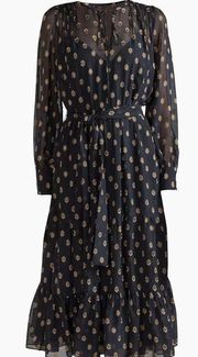 Shoshanna Sheer Overlay Black Gold Polka Dot Ruffled Maxi Dress Size 6 NWT