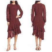 COOPER ST Texture Dot & Ruffle Chiffon Dress In Ruby Wine
