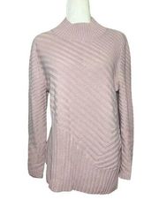 🌸 Charter Club Asymmetrical Mock Neck Pastel Pink Ribbed Stripe Knit Sweater