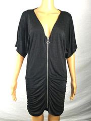 MinkPink Zip Front Ruched Ruching Dolman Sleeve V Neck Midi Little Black Dress L