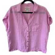 Rachel Zoe 100% Pink Linen Button Down Short Cuff Sleeves Cropped Shirt Pocket M