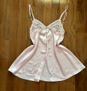 Vintage baby pink lace and embroidered silky chemise slip dress