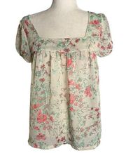 Jessica Simpson Sheer Babydoll Blouse M Beige Floral Square Neck Short Sleeves