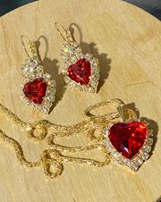 New Red Heart necklace and Drop Earrings golden jewelry set rhinestone Valentines Day Fashion