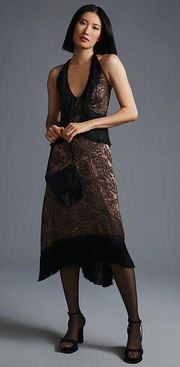 Brown Fringed Velvet Halter Dress