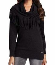 Michael Kors Black Angora Blend Fringe Cowl Neck Pullover Sweater Size Medium