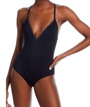 AQUA One Piece Swimsuit Rhinestone Trim Beach Wear Black NEW