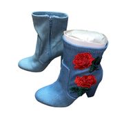 NIB Bamboo Blue Denim Rose Flower Embroidered Ankle Booties Women's Size 6