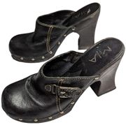 Vtg Y2K MIA Black Leather Studded Wooden Heel Open Back Buckle Biker Clogs 8