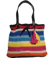 Black Rainbow Blanket Striped Crochet Knit Tassel Trim Drawstring Tote Bag