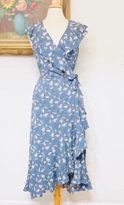 NEW  Blue Floral Boho Midi Wrap Dress Summer Spring L Large NWT