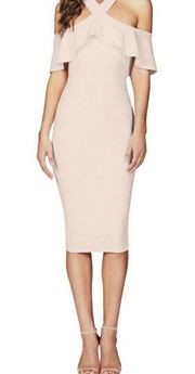 Nookie Hermosa Midi Dress Blush Pink Ruffle Cross Bodycon S New