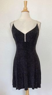 Vintage 90’s Rhinestone Strap Cut Out Black Glitter Sleeveless Cocktail Dress