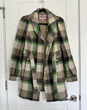 Classic Wool Plaid Coat, Green and Brown, Size Medium