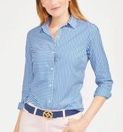 J. McLaughlin Blue Striped Button Down Collared Blouse Fitted 2 Small Preppy
