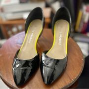 Black Patent Kitten Heels with Bright Yellow Trim - Size 6