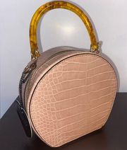 IMO pink alligator round zipped purse with removable and adjustable strap