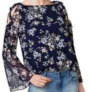 Maison Jules Blue Floral Bell Sleeve Blouse Top, New, XS
