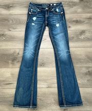 Miss Me 32” Low Rise Signature Boot Cut Stretch Blue Jeans 25