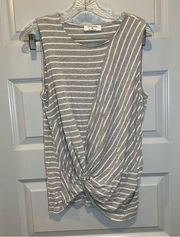 Zenana Grey/White Striped Sleeveless Twist Knot Front Blouse XL