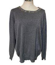 Jaclyn Smith Vintage Metallic Rhinestone Studded Embellished Sweater XL Gray