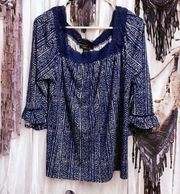 ROBERT Louis Blue and White Boho Bell Sleeve Top Size Medium