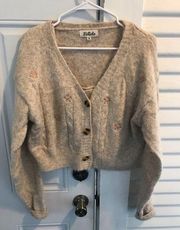 Listicle sweater set beige floral embroidered cropped cardigan and tank