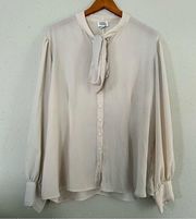 Unique Vintage Cream Button Down Long Sleeve Tie Neck Blouse 3X