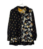 French Connection S Button Down Blouse Long Sleeves Floral Patterned Blue Yellow