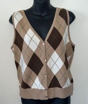 talbots gingham sweater vest large button down merino wool tan brown