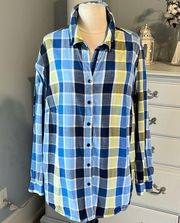 Blue Plaid Blouse Womens 22W Cotton Button Down Colorful