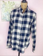 Cape Juby Plaid Flannel Button Front Shirt Blue Cream Size Small