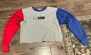 Mighty Fine Grey Blue Red Color Block Cropped Crew Neck Sweat Shirt Size Small