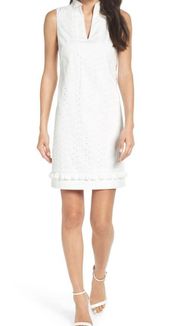 White Mandarin Collar Sleeveless Eyelet Lace Mini Dress