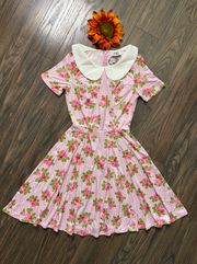 NWT  Pink/White Pansies Pin Dot Margot Fit & Flare Dress SMALL