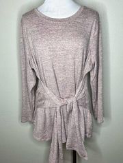 Studio by D&Co Sweater 1X Petite Heathered Pink Tie Front Long Sleeve Pullover