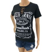 ON FIRE (S) Women's Black Lace Up Malibu California Luna Beach Short Sleeve Tee