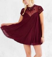 UO Kimchi Blue Lily Burgundy Embroidered Trapeze Mini Dress