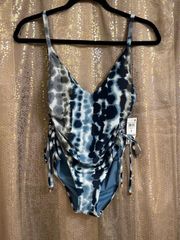 Blue Gray Tie Dye Shirred-Side One piece Swimsuit, S NWT