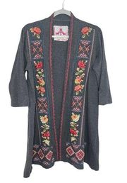 Johnny Was Grey Embroidered Open Front Cardigan