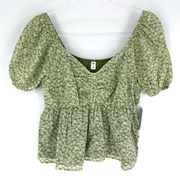 BP Baby Doll Top with Puff Sleeves Olive Emerald Lucky Mushrooms Size Medium