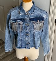 Thrill Denim Rhinestone Fringe Jacket