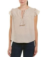 MISA Los Angeles Ale Ivory Blouse with Burgundy Print Ruffle Top Tie Neck Small