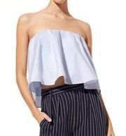 Babaton Eckerd Strapless White and Blue Pinstriped Poplin Crop Top