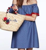 Cooper & Ella Bloomingdales Blue/Red Polka Dot Fringe Off Shoulder Dress S NWT