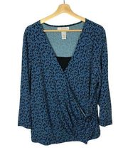 Sag Harbor Swirl Blue & Black Drape Front Long Sleeve Blouse XL