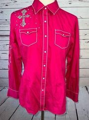 Ariat Western Shirt Medium Long Sleeve Dark pink Cross Studs Pearl Snap Barbie