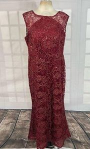 Slny sleeveless maroon red embroidered sequined lace gown size 16