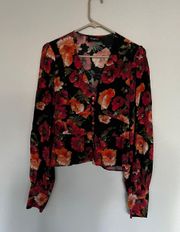 Nwot  Women Black Floral FLong-Sleeve Top Silk Blouse 1